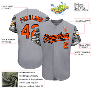 Custom Gray Orange Black-Camo 3D Pattern Design Authentic Baseball Jersey