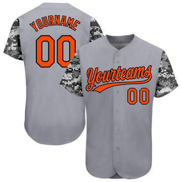 Custom Gray Orange Black-Camo 3D Pattern Design Authentic Baseball Jersey