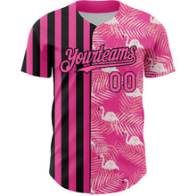 Load image into Gallery viewer, Custom Pink Black 3D Pattern Design Tropical Palm Leaves And Famingo Authentic Baseball Jersey
