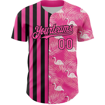 Custom Pink Black 3D Pattern Design Tropical Palm Leaves And Famingo Authentic Baseball Jersey