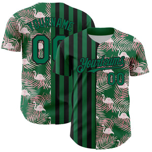 Custom Kelly Green Black 3D Pattern Design Tropical Palm Leaves And Famingo Authentic Baseball Jersey