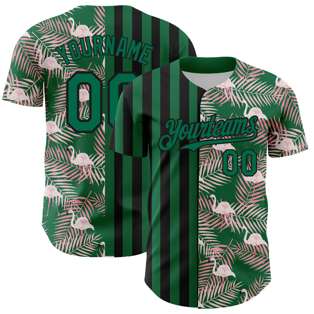 Custom Kelly Green Black 3D Pattern Design Tropical Palm Leaves And Famingo Authentic Baseball Jersey