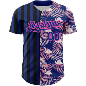 Custom Royal Pink-Black 3D Pattern Design Tropical Palm Leaves And Famingo Authentic Baseball Jersey
