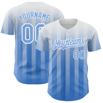 Custom White Light Blue 3D Pattern Design Stripes Authentic Baseball Jersey