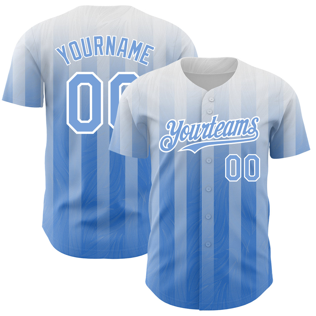 Custom White Light Blue 3D Pattern Design Stripes Authentic Baseball Jersey