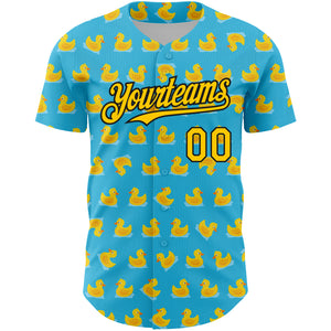 Custom Sky Blue Yellow-Black 3D Pattern Design Duck Authentic Baseball Jersey