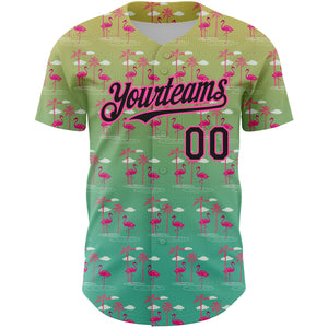 Custom Green Black-Pink 3D Pattern Design Tropical Hawaii Palm Trees And Flamingo Authentic Baseball Jersey