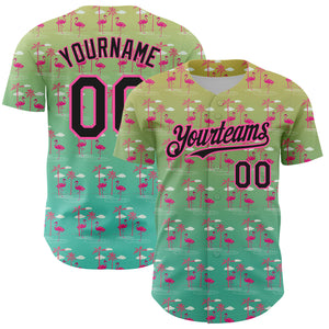 Custom Green Black-Pink 3D Pattern Design Tropical Hawaii Palm Trees And Flamingo Authentic Baseball Jersey