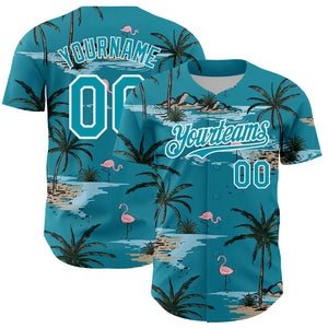 Custom Teal White 3D Pattern Design Tropical Hawaii Palm Trees Authentic Baseball Jersey