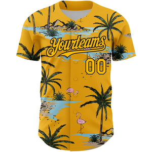 Custom Yellow Black 3D Pattern Design Tropical Hawaii Palm Trees Authentic Baseball Jersey