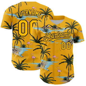 Custom Yellow Black 3D Pattern Design Tropical Hawaii Palm Trees Authentic Baseball Jersey