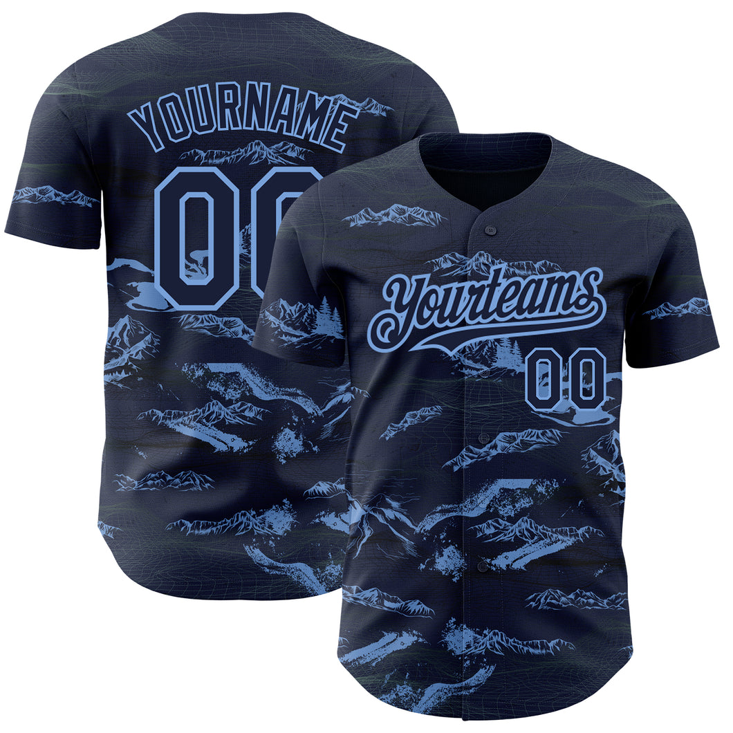 Custom Navy Light Blue 3D Pattern Design Mountain Authentic Baseball Jersey