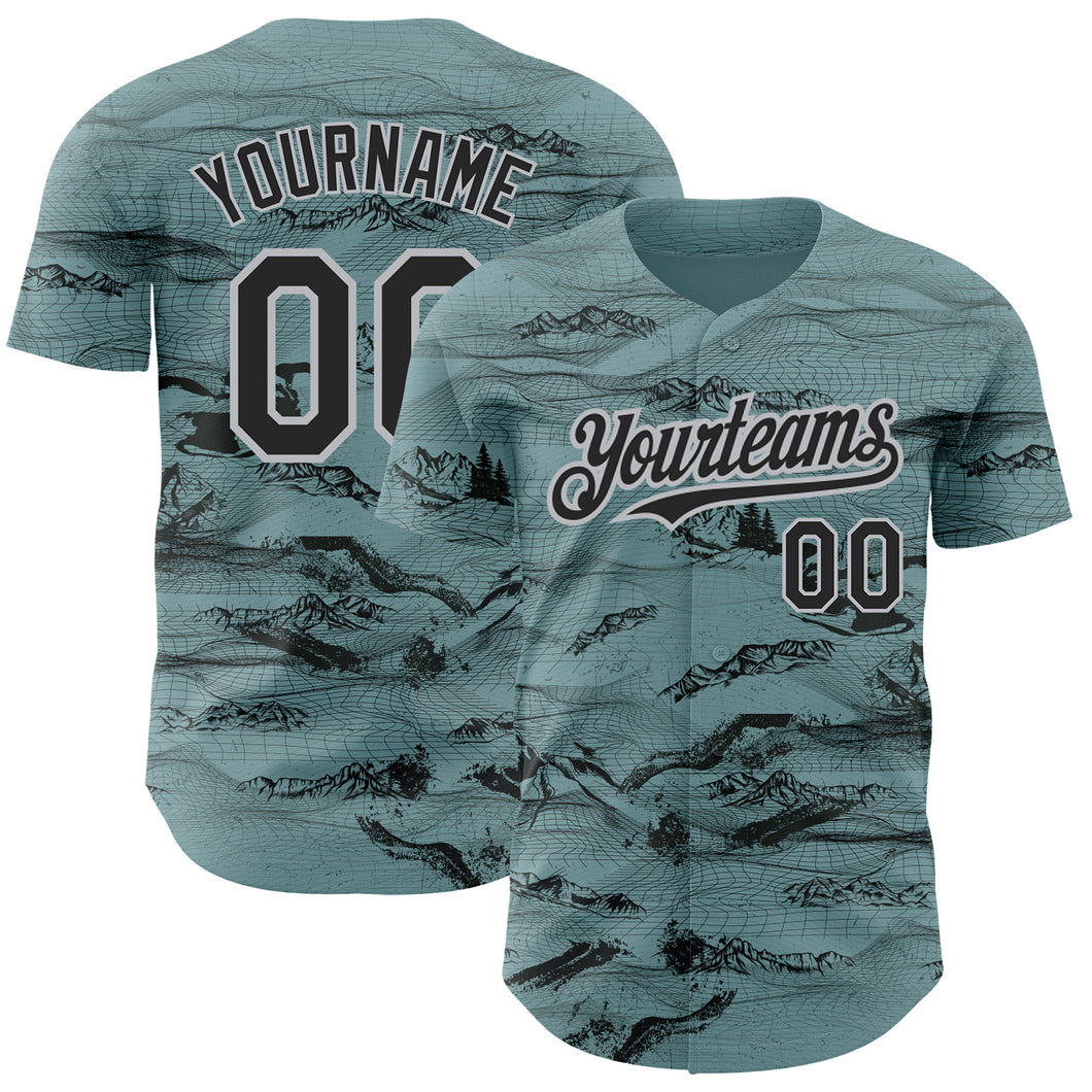 Custom Green Black Gray 3D Pattern Design Mountain Authentic Baseball Jersey