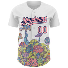 Load image into Gallery viewer, Custom White Medium Pink-Navy 3D Pattern Design Colorful Flowers And Mushrooms Psychedelic Hallucination Authentic Baseball Jersey
