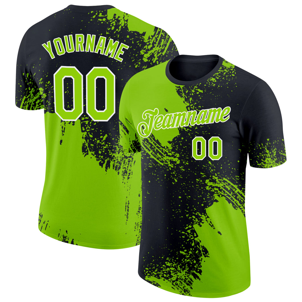 Custom Neon Green Black-White 3D Pattern Design Abstract Brush Stroke Performance T-Shirt