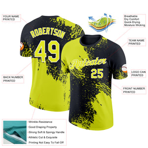 Custom Neon Yellow Black-White 3D Pattern Design Abstract Brush Stroke Performance T-Shirt