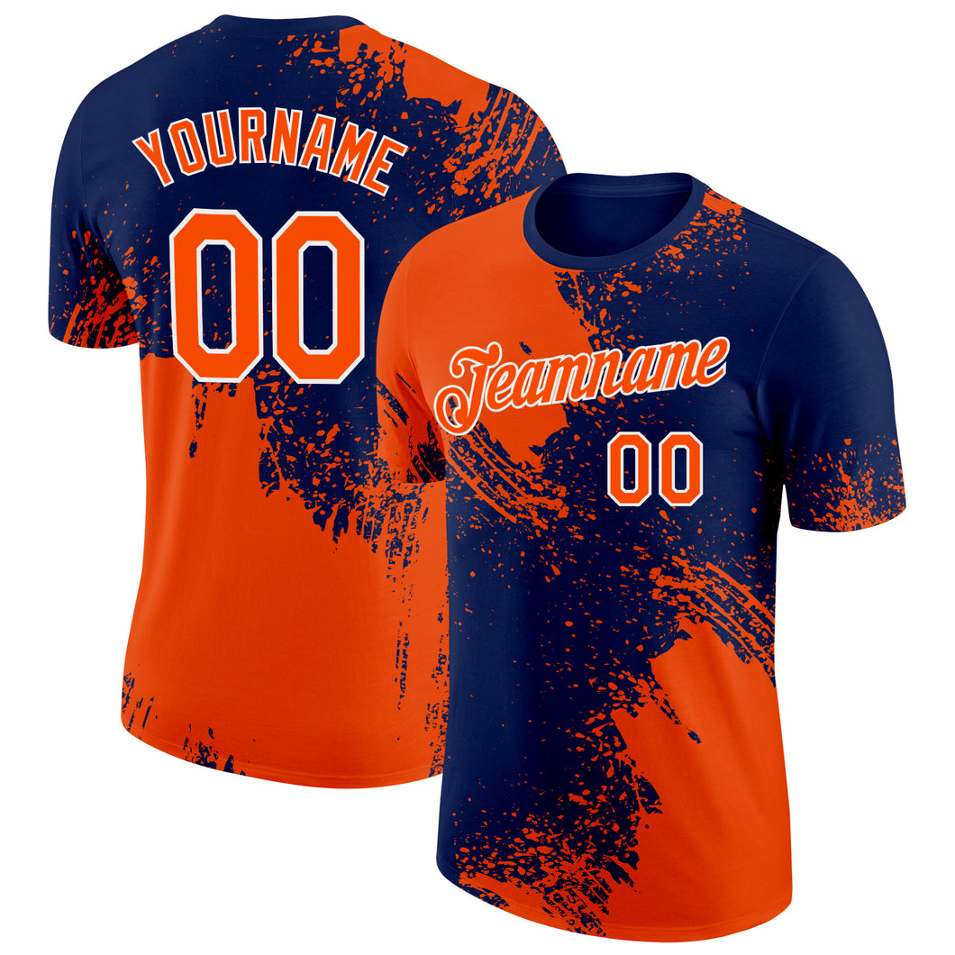 Custom Orange Navy-White 3D Pattern Design Abstract Brush Stroke Performance T-Shirt