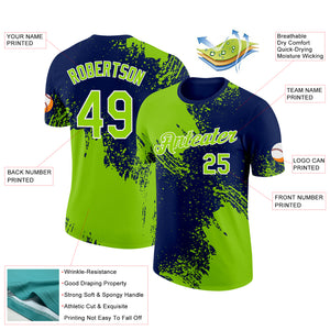 Custom Neon Green Navy-White 3D Pattern Design Abstract Brush Stroke Performance T-Shirt