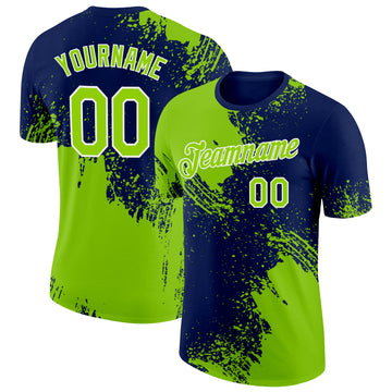 Custom Neon Green Navy-White 3D Pattern Design Abstract Brush Stroke Performance T-Shirt