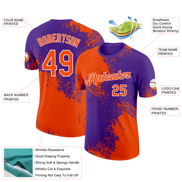 Custom Orange Purple-White 3D Pattern Design Abstract Brush Stroke Performance T-Shirt