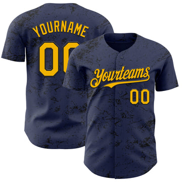 Custom Navy Gold-Black 3D Pattern Design Abstract Splatter Texture Authentic Baseball Jersey