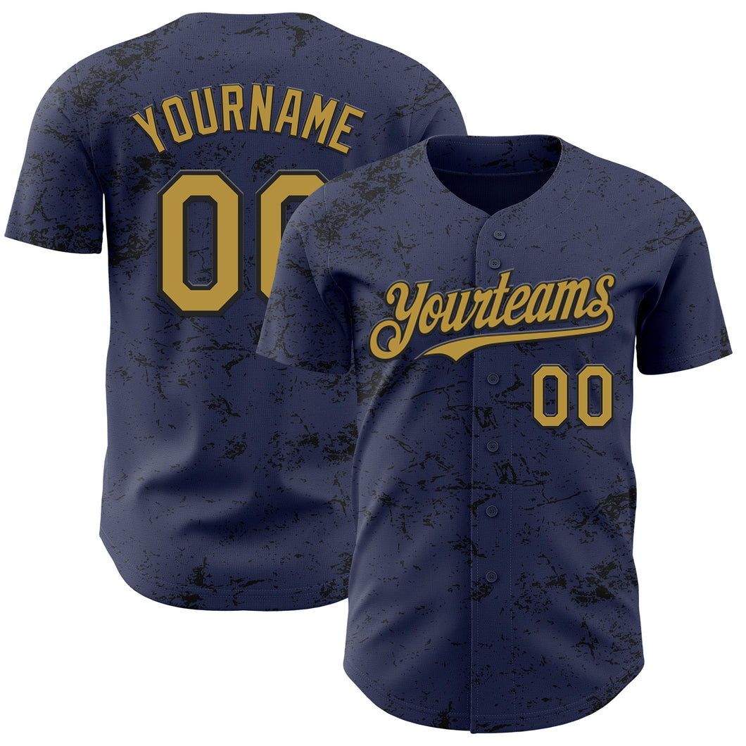 Custom Navy Old Gold-Black 3D Pattern Design Abstract Splatter Texture Authentic Baseball Jersey