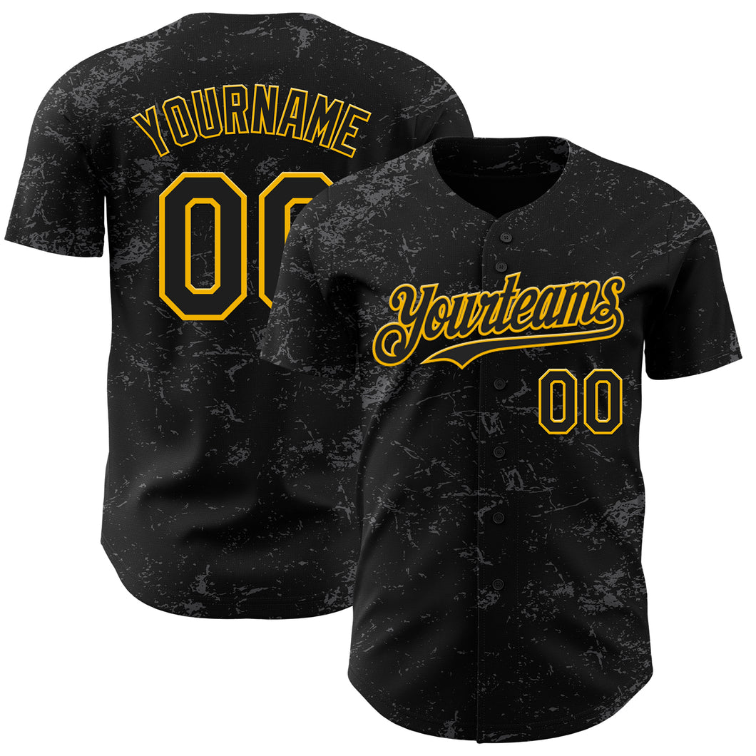 Custom Black Gold-Steel Gray 3D Pattern Design Abstract Splatter Texture Authentic Baseball Jersey