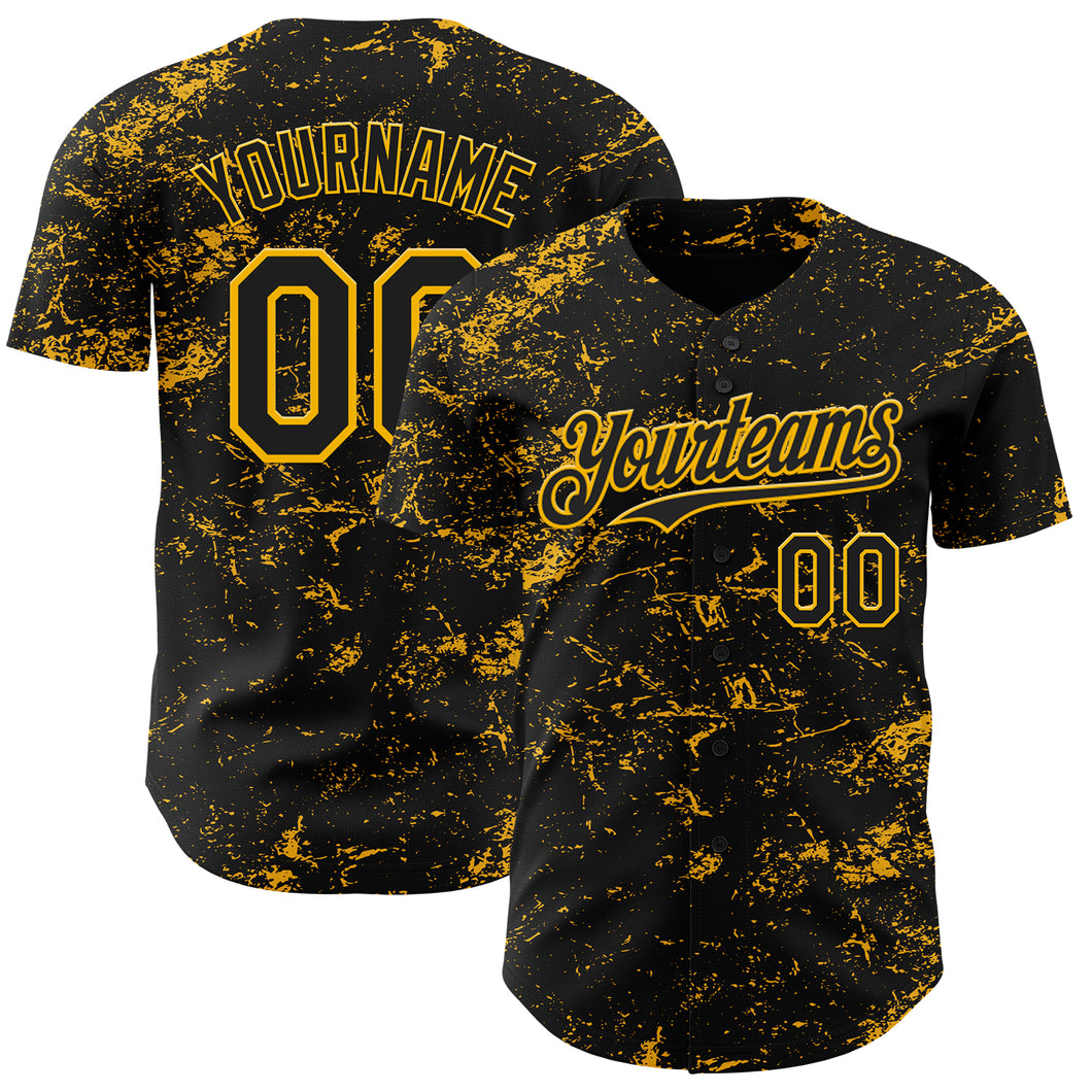 Custom Black Gold 3D Pattern Design Abstract Splatter Texture Authentic Baseball Jersey