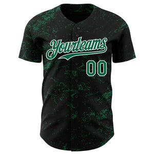 Custom Black Kelly Green-White 3D Pattern Design Abstract Splatter Texture Authentic Baseball Jersey