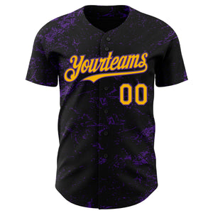 Custom Black Gold-Purple 3D Pattern Design Abstract Splatter Texture Authentic Baseball Jersey