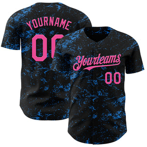 Custom Black Pink-Electric Blue 3D Pattern Design Abstract Splatter Texture Authentic Baseball Jersey