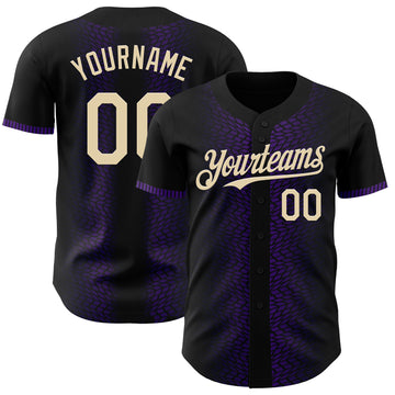 Custom Black Cream-Purple 3D Pattern Design Geometric Shapes Authentic Baseball Jersey