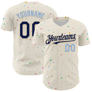 Custom Cream Navy-Light Blue 3D Pattern Design Confetti Authentic Baseball Jersey