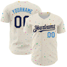 Load image into Gallery viewer, Custom Cream Navy-Electric Blue 3D Pattern Design Confetti Authentic Baseball Jersey
