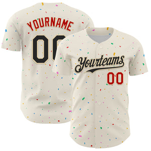 Custom Cream Black-Red 3D Pattern Design Confetti Authentic Baseball Jersey