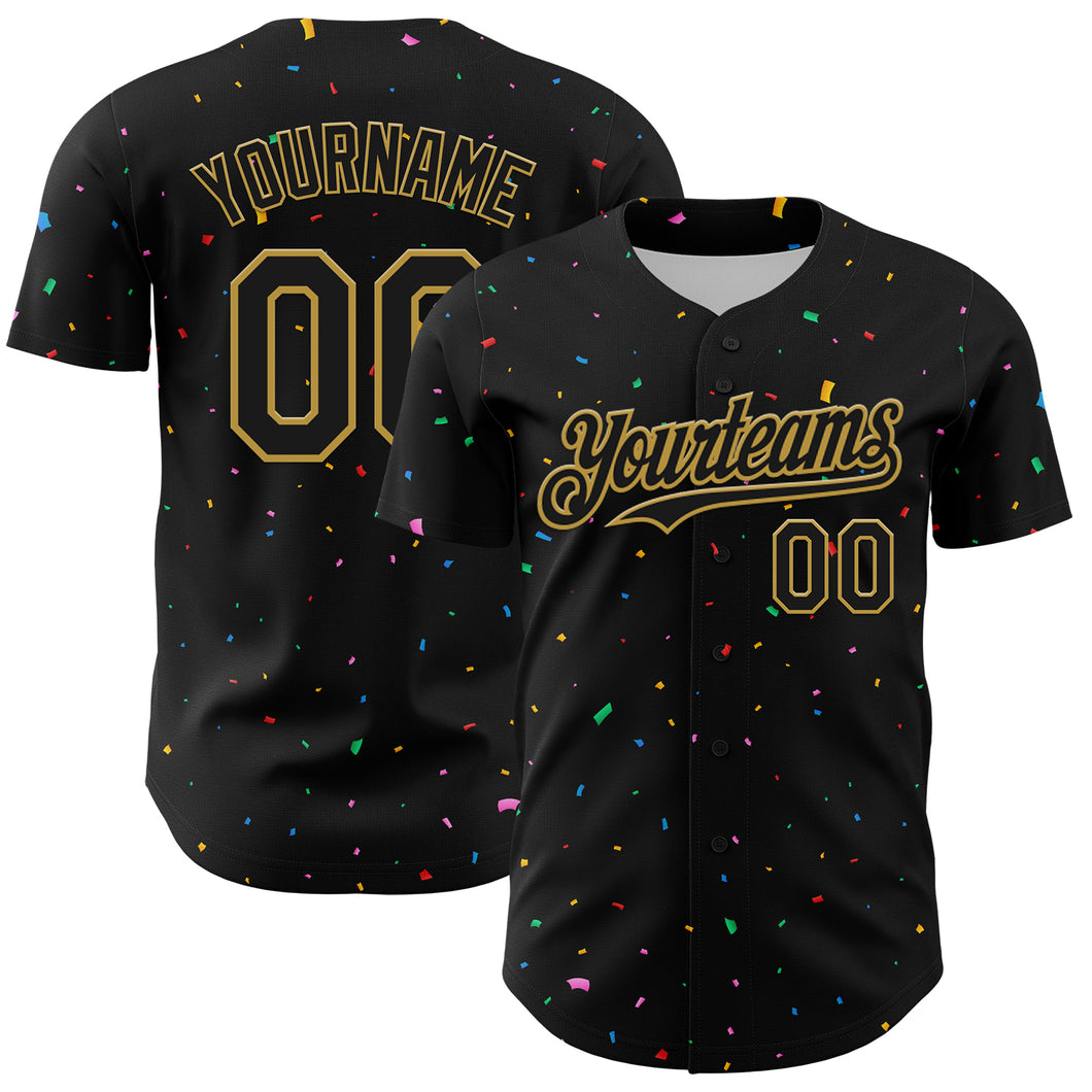 Custom Black Old Gold 3D Pattern Design Confetti Authentic Baseball Jersey