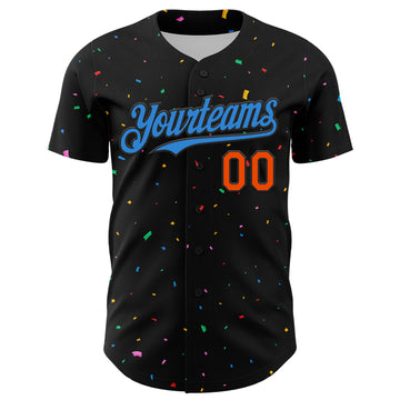 Custom Black Electric Blue-Orange 3D Pattern Design Confetti Authentic Baseball Jersey