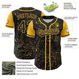 Custom Black Yellow 3D Pattern Design Abstract Splatter Ink Authentic Baseball Jersey