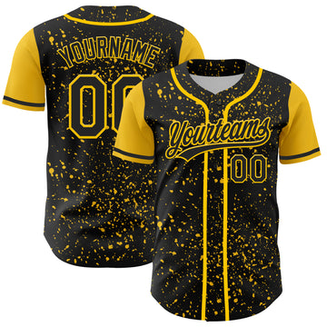 Custom Black Yellow 3D Pattern Design Abstract Splatter Ink Authentic Baseball Jersey