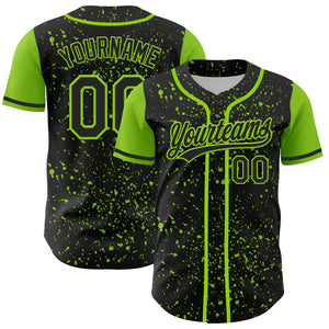 Custom Black Neon Green 3D Pattern Design Abstract Splatter Ink Authentic Baseball Jersey