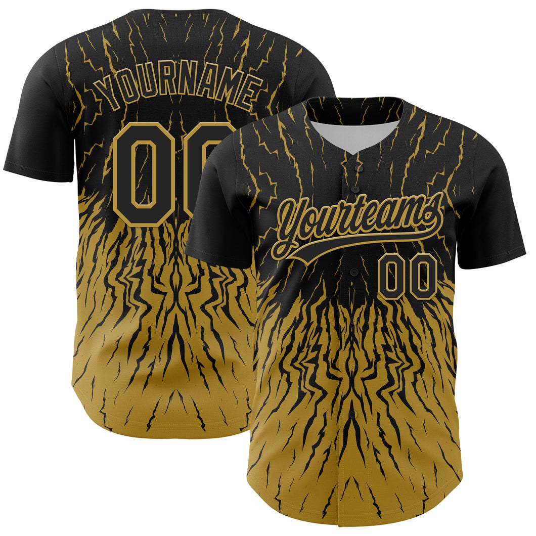 Custom Black Old Gold 3D Pattern Design Abstract Wave Authentic Baseball Jersey