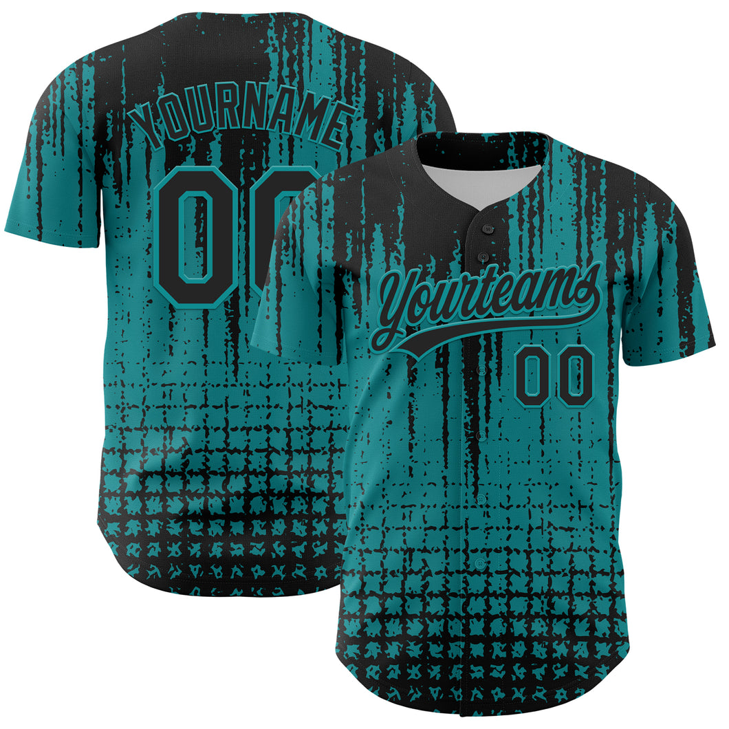 Custom Teal Black 3D Pattern Design Abstract Shape Authentic Baseball Jersey