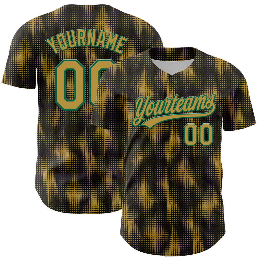 Custom Black Old Gold-Kelly Green 3D Pattern Design Halftone Dots Authentic Baseball Jersey