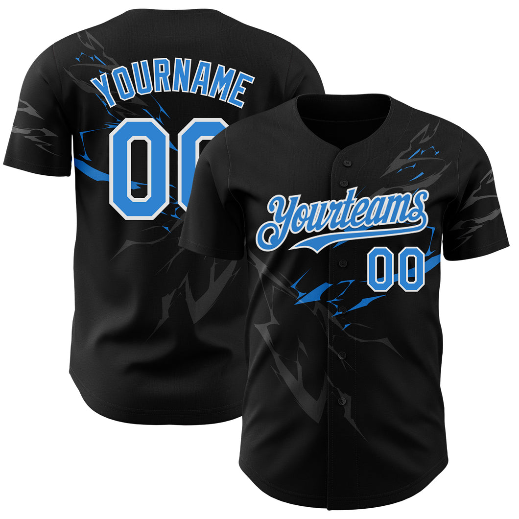 Custom Black Electric Blue-White 3D Pattern Design Lightning Authentic Baseball Jersey