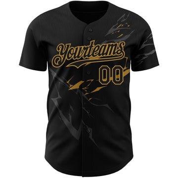 Custom Black Old Gold 3D Pattern Design Lightning Authentic Baseball Jersey