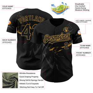 Custom Black Old Gold 3D Pattern Design Lightning Authentic Baseball Jersey