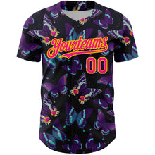 Load image into Gallery viewer, Custom Black Hot Pink-Yellow 3D Pattern Design Animal Butterfly Authentic Baseball Jersey
