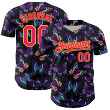 Load image into Gallery viewer, Custom Black Hot Pink-Yellow 3D Pattern Design Animal Butterfly Authentic Baseball Jersey
