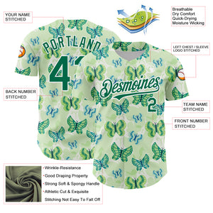 Custom White Kelly Green 3D Pattern Design Animal Butterfly Authentic Baseball Jersey