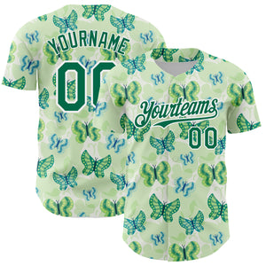 Custom White Kelly Green 3D Pattern Design Animal Butterfly Authentic Baseball Jersey